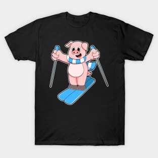 Pig as Skier with Ski Scarf & Ski poles T-Shirt